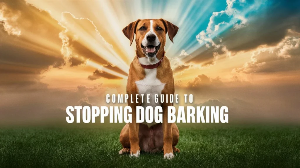 A well-trained dog sitting on a grassy field with a sunset background, illustrating the Complete Guide to Stopping Dog Barking.