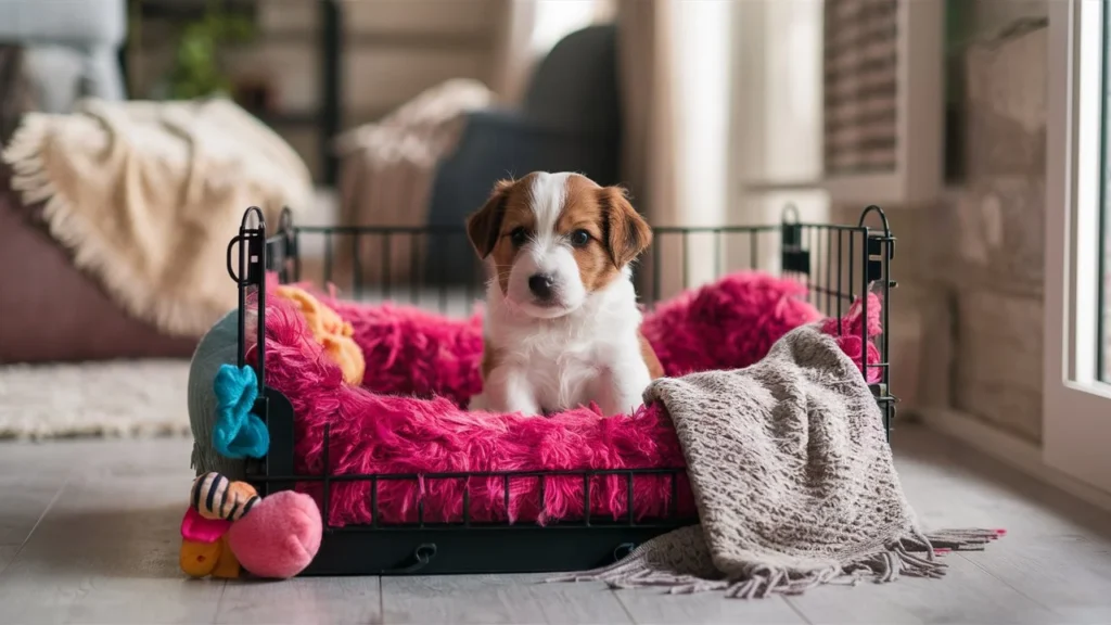 A cozy puppy crate setup with a puppy inside, featuring a soft bed, toys, and a blanket to stop dog barking.
