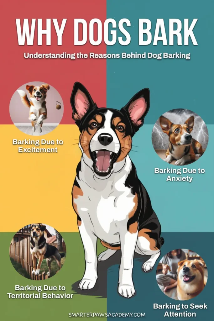 Infographic explaining why dogs bark, including reasons like excitement, anxiety, territorial behavior, and attention-seeking.