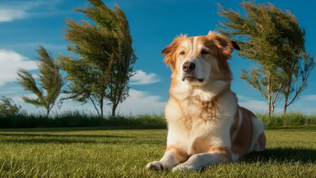 Calm dog sitting quietly on a lawn to stop barking.