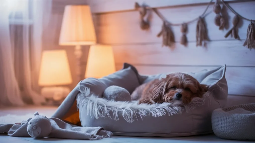 Sleeping dog in a cozy bed to stop nighttime barking.