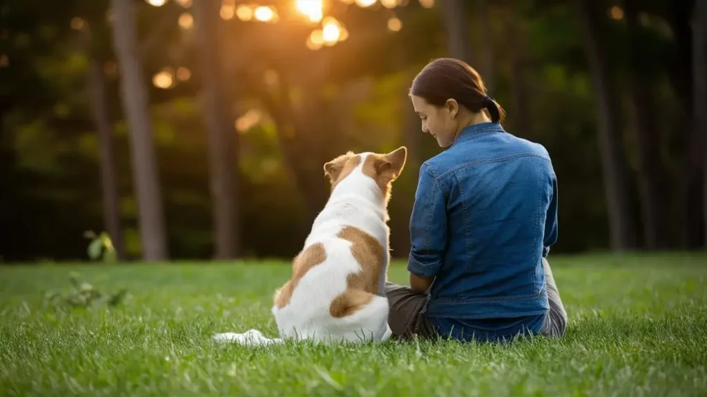 A woman and her dog sharing a quiet moment in a park, illustrating the deep bond and the success of effective training techniques to stop dog barking quickly.