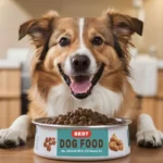 Cheerful dog enjoying the best dog food for sensitive stomachs in a kitchen setting.