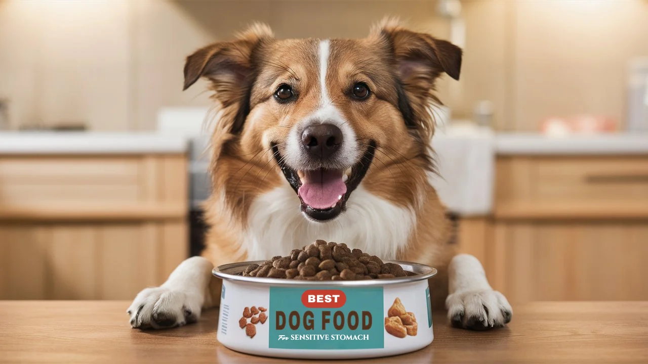 Cheerful dog enjoying the best dog food for sensitive stomachs in a kitchen setting.