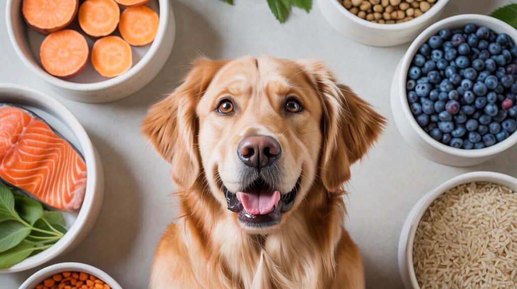 A happy Golden Retriever surrounded by bowls of healthy ingredients, illustrating the best dog food for a sensitive stomach.