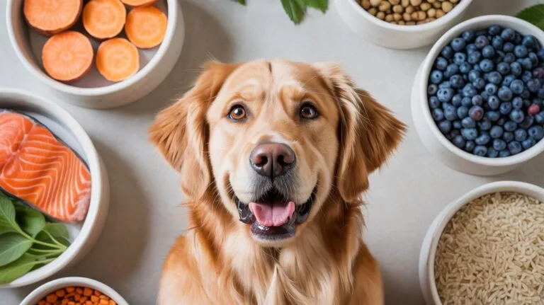 A happy Golden Retriever surrounded by bowls of healthy ingredients, illustrating the best dog food for a sensitive stomach.