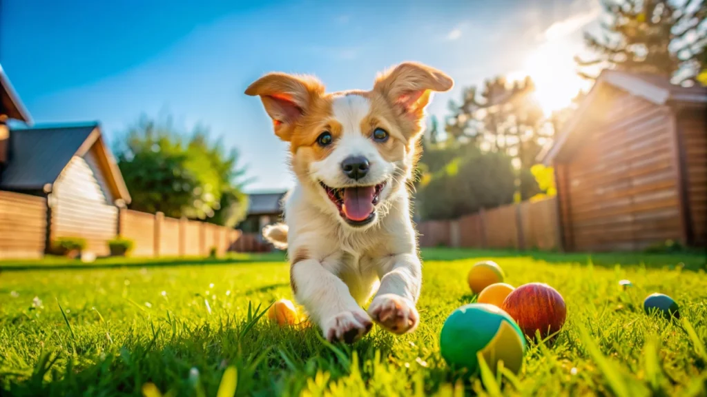 Cheerful puppy running in a backyard during playtime