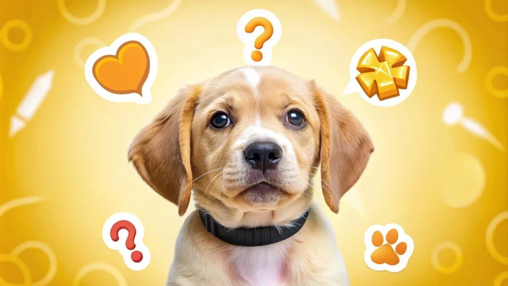 Cheerful puppy with a thought bubble containing question marks and icons