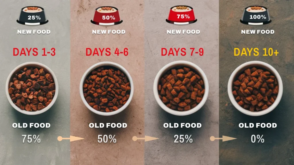 A step-by-step guide showing the transition process from old dog food to new dog food over a 10+ day period, featuring bowls with increasing amounts of new food.