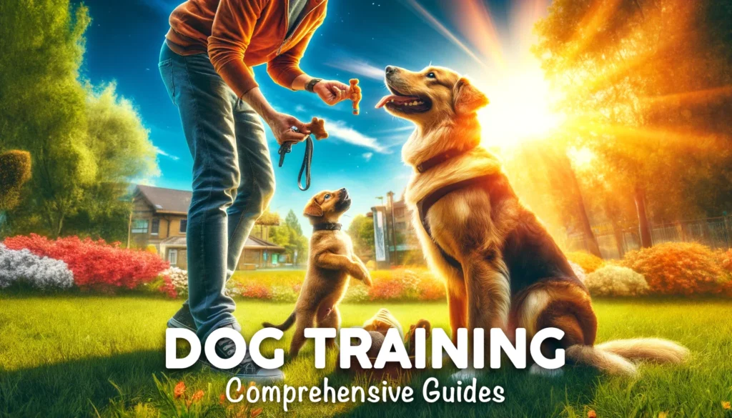 Joyful interaction between a dog owner, an adult dog, and a puppy during a training session in a sun-soaked park