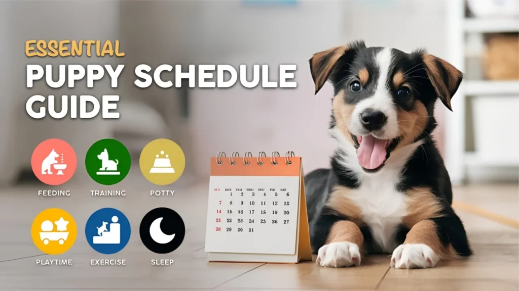 Essential Puppy Schedule Guide Banner Image with a Happy Puppy and Calendar