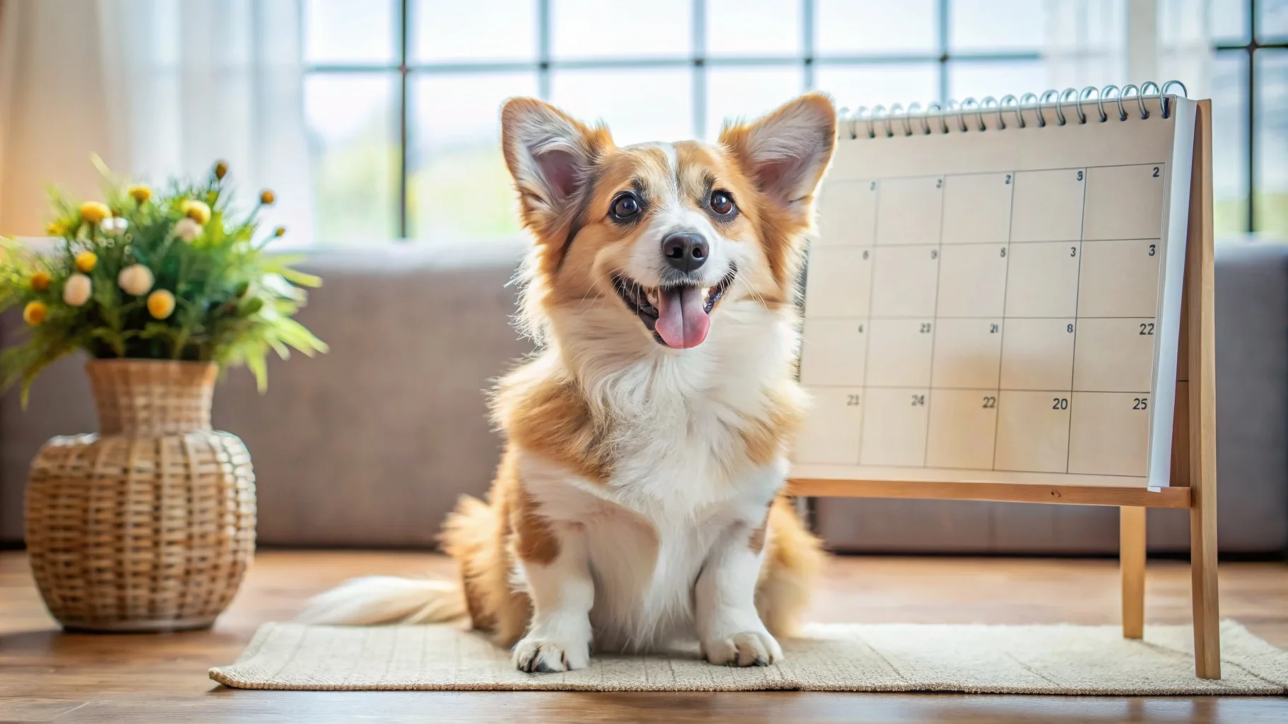 Happy puppy sitting next to a calendar with playful illustrations