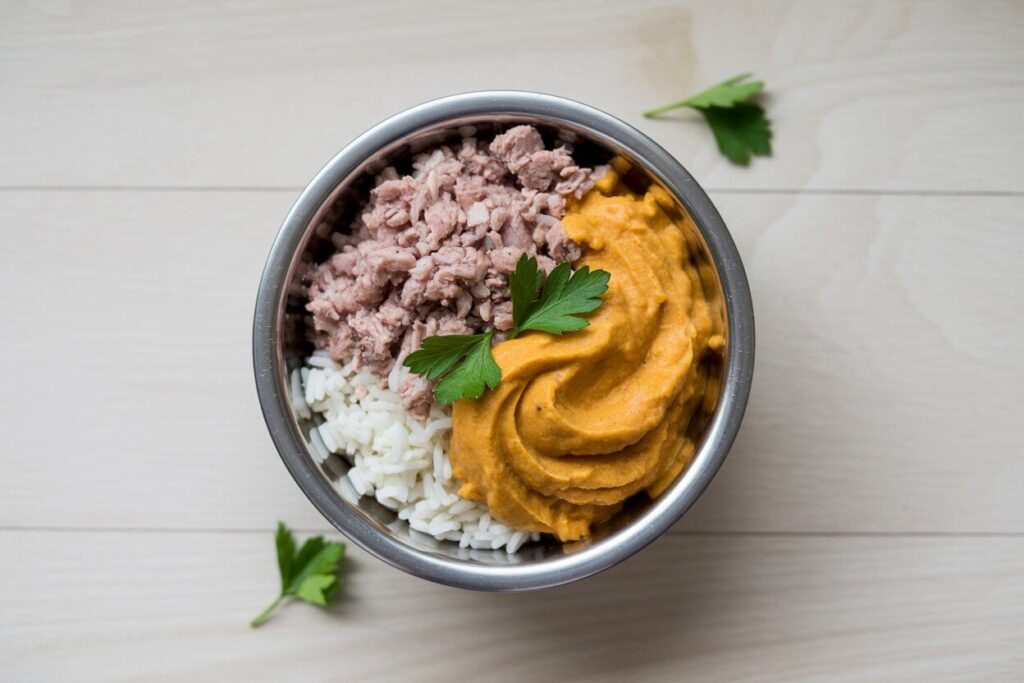 A bowl of homemade dog food with turkey, rice, and pumpkin for a sensitive stomach.