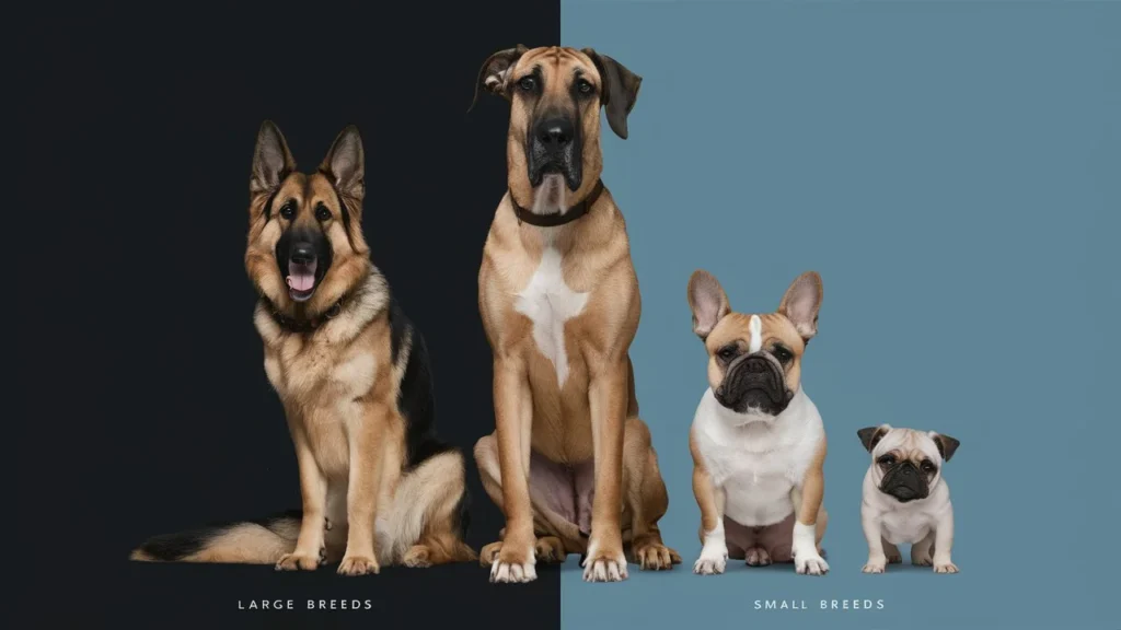 A striking illustration contrasting two distinct groups of dogs: large breeds (German Shepherd, Great Dane) on the left and small breeds (French Bulldog, Pug) on the right, highlighting their size differences.
