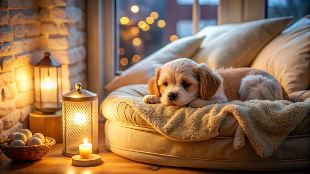 Cozy bedroom scene with a small, fluffy puppy peacefully sleeping