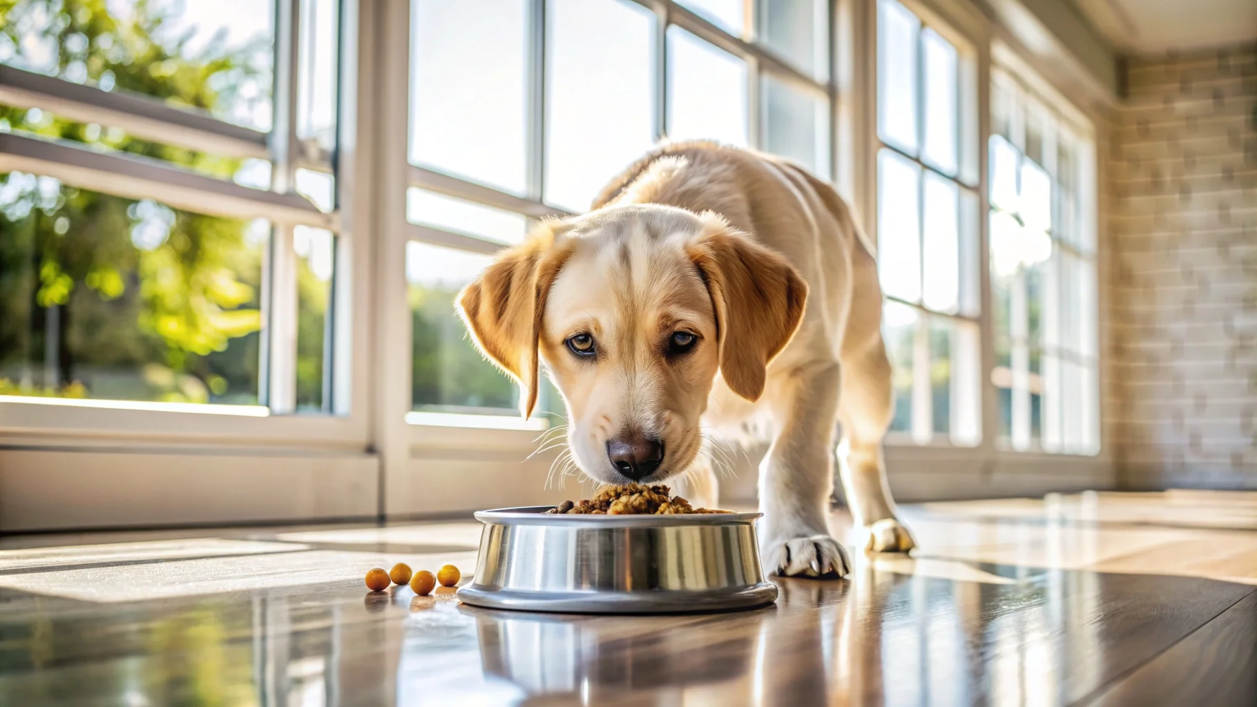 Puppy happily eating from a bowl in a kitchen