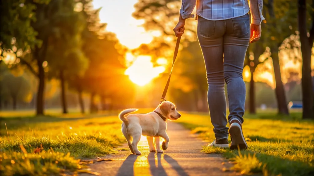 Puppy and its owner on an evening walk in a park