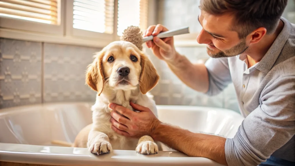 Puppy being gently brushed by its owner in a bathroom
