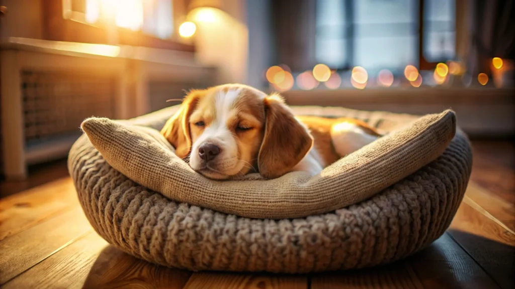 Puppy napping in a cozy bed in a quiet living room
