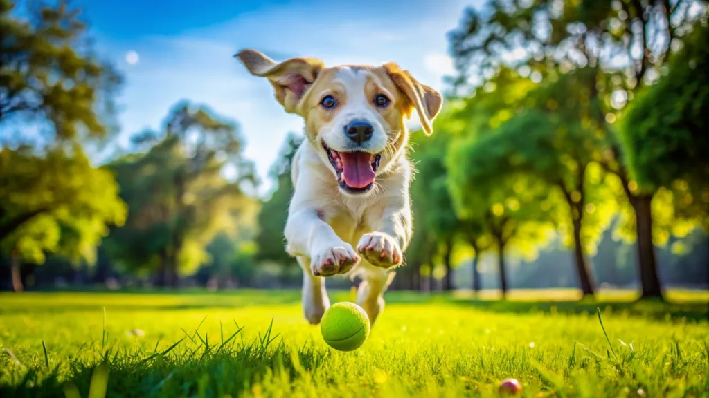 Puppy playing fetch with a ball in a park