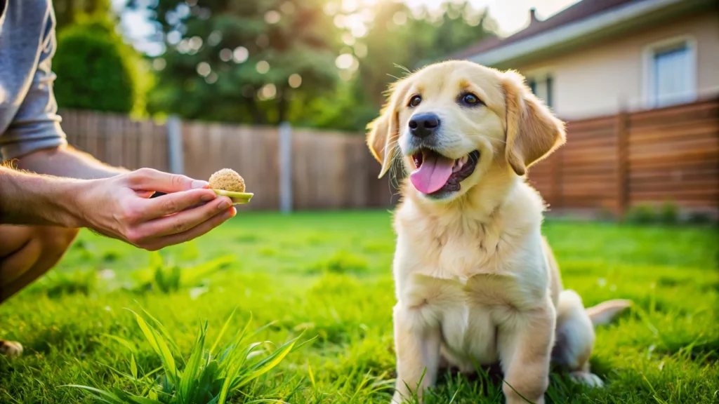 Puppy being praised by its owner for going potty outside