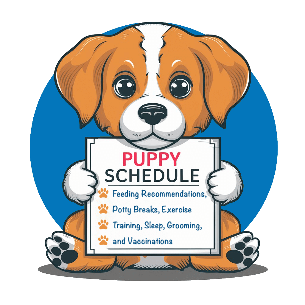 Illustration of a cute puppy holding a sign with the title 'Puppy Schedule' and descriptions of feeding recommendations, potty breaks, exercise, training, sleep, grooming, and vaccinations