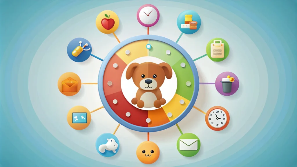 Infographic showing a clock with icons representing different puppy activities
