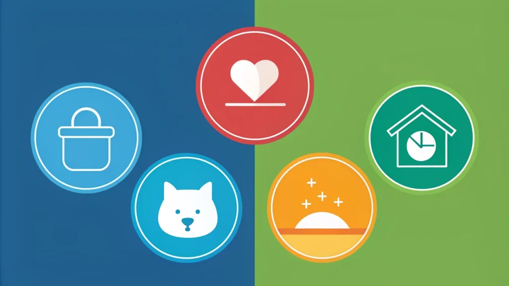 Infographic showing icons of a food bowl, heart, sun, dog face, and clock