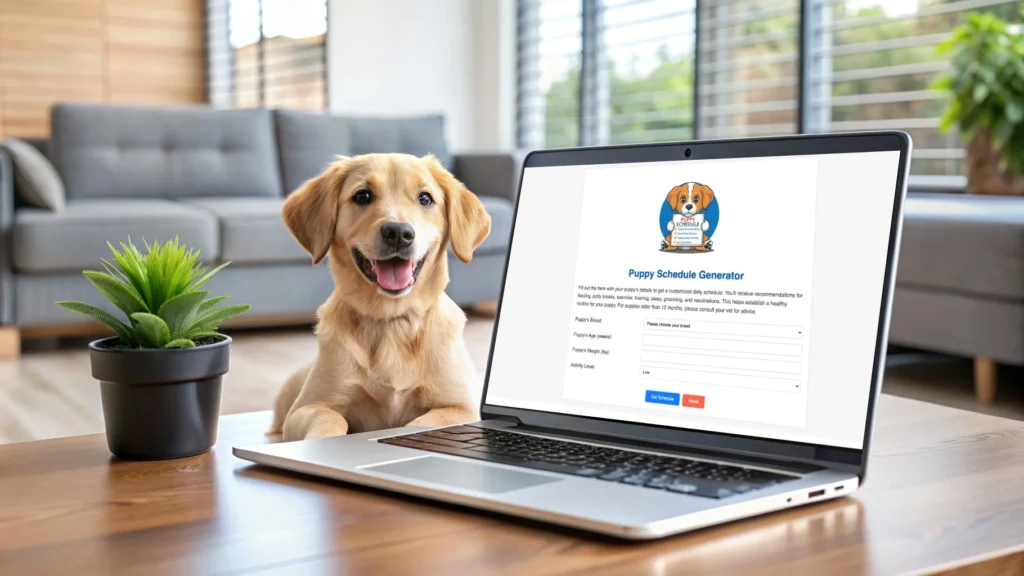 Laptop screen showing the Puppy Schedule Plugin interface with a happy puppy