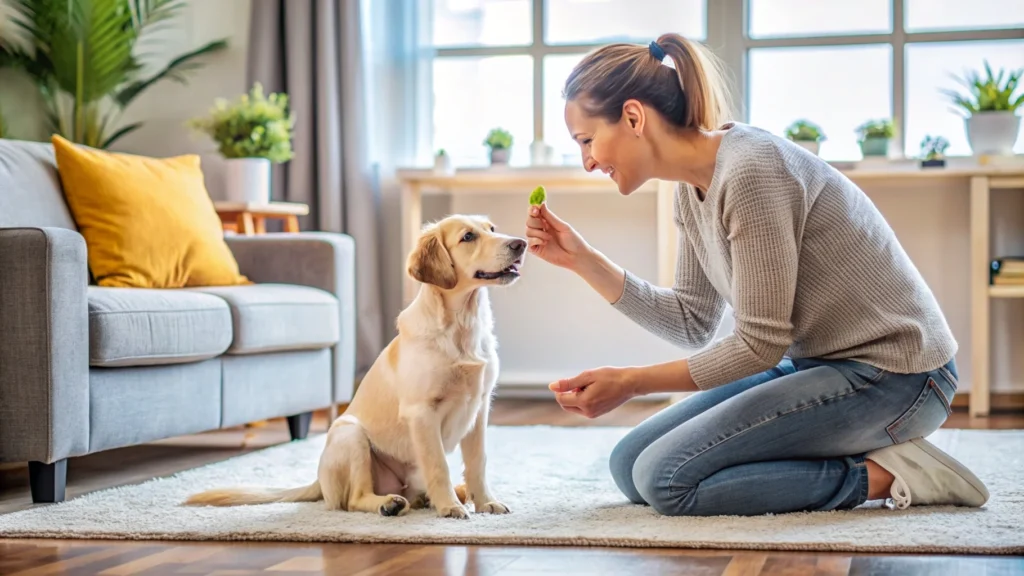 Playful puppy engaging in a training session with its owner