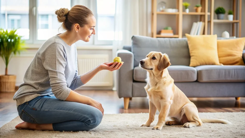 Puppy and its owner during a training session in the living room