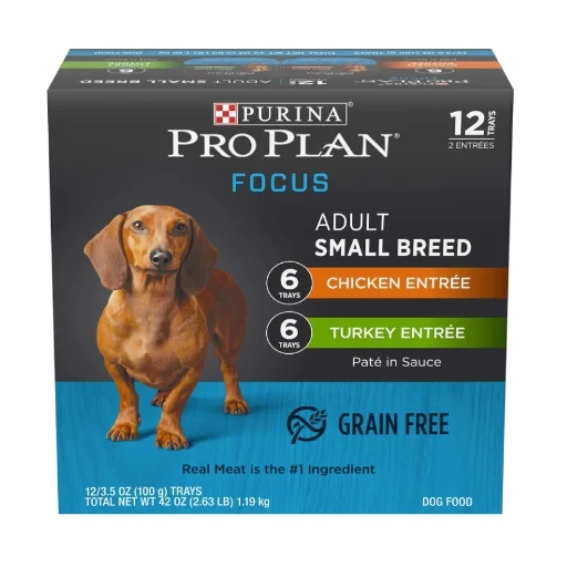 Purina Pro Plan Focus Adult Small Breed Grain-Free Dog Food box.