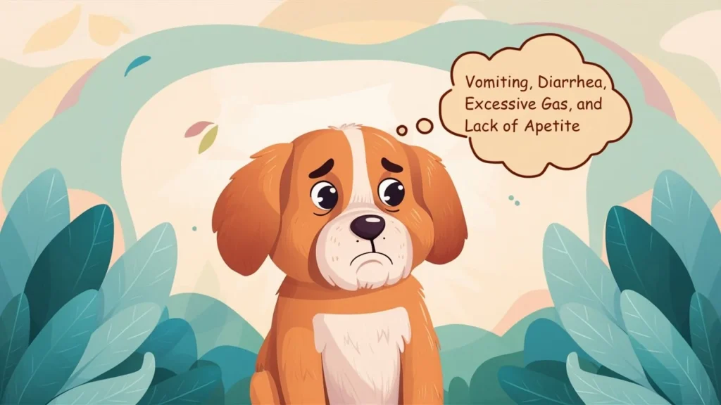 An adorable cartoon dog with a thought bubble listing symptoms of a sensitive stomach, including vomiting, diarrhea, excessive gas, and lack of appetite.
