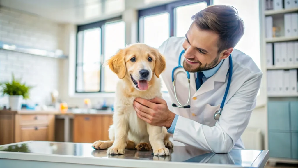Veterinarian examining a puppy in a clinic