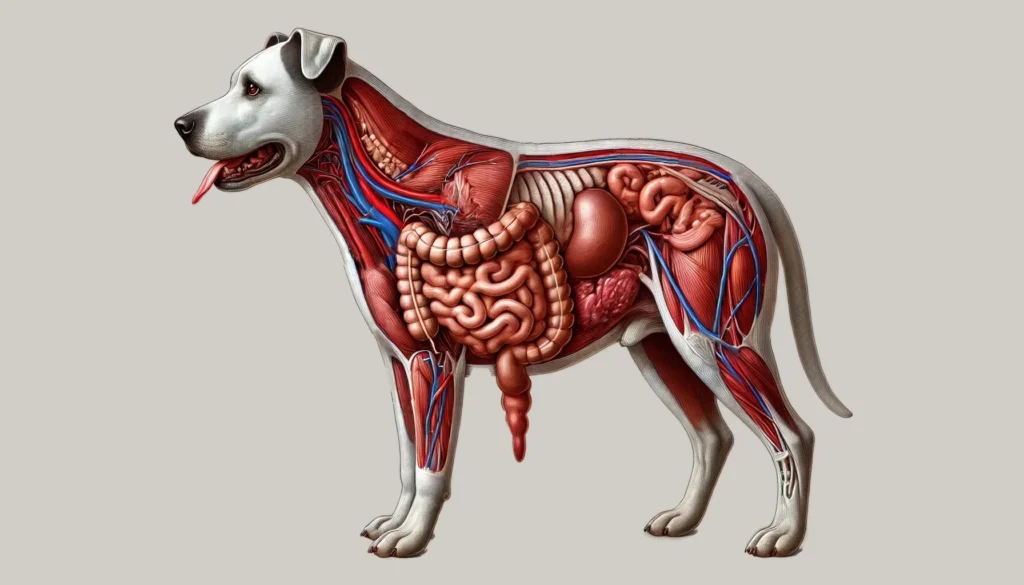 Anatomical illustration of a dog showing digestive and circulatory systems to enhance understanding of dog gut health naturally