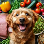 Happy dog surrounded by natural foods to improve gut health naturally