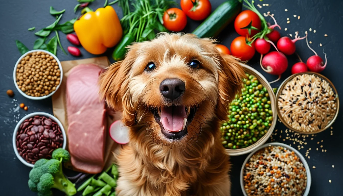 Happy dog surrounded by natural foods to improve gut health naturally