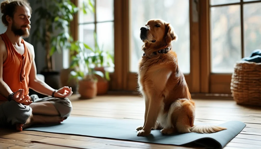Dog practicing yoga with owner to reduce stress and improve gut health naturally