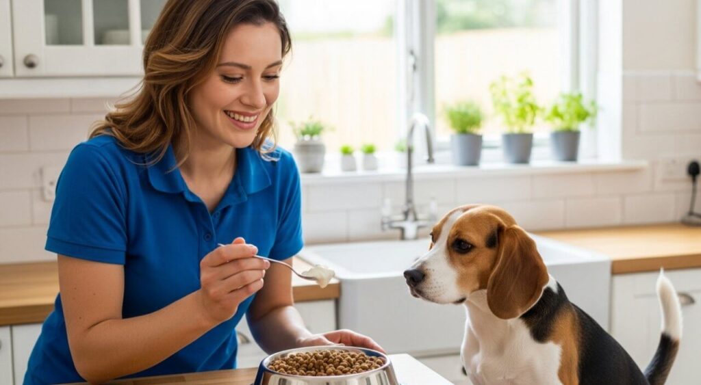 Certified trainer Sandie Calloway preparing a healthy meal to improve dog gut health.