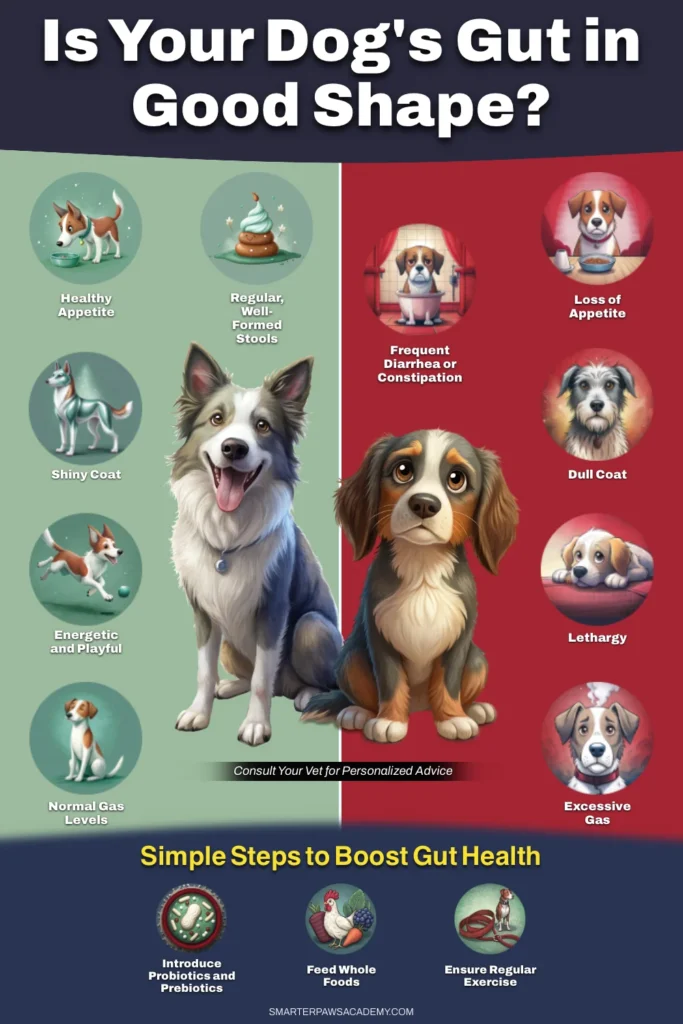 Infographic comparing signs of good and poor dog gut health with steps to improve gut health naturally