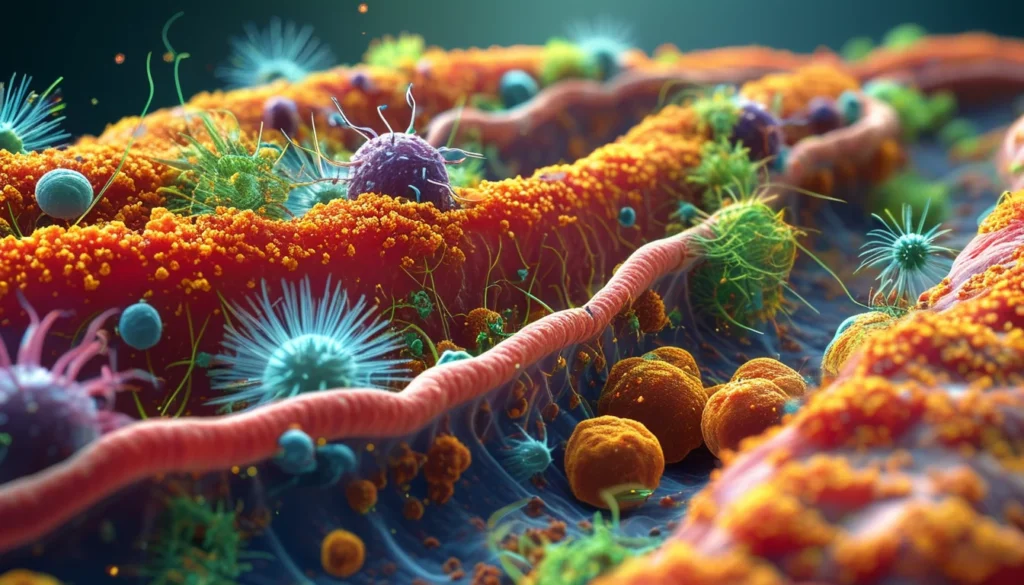 Vivid depiction of the microbial ecosystem in a dog's gut highlighting the importance of maintaining balanced gut health naturally