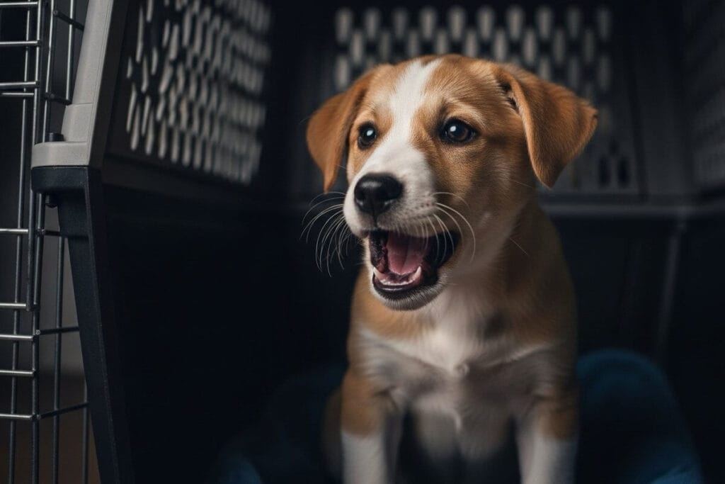 An anxious puppy in a crate, a common reason owners search for how to stop dog barking at night.