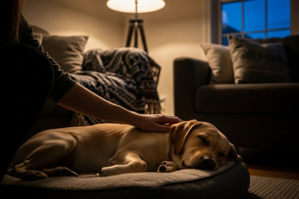 A calm evening routine is the first step in how to stop dog barking at night.