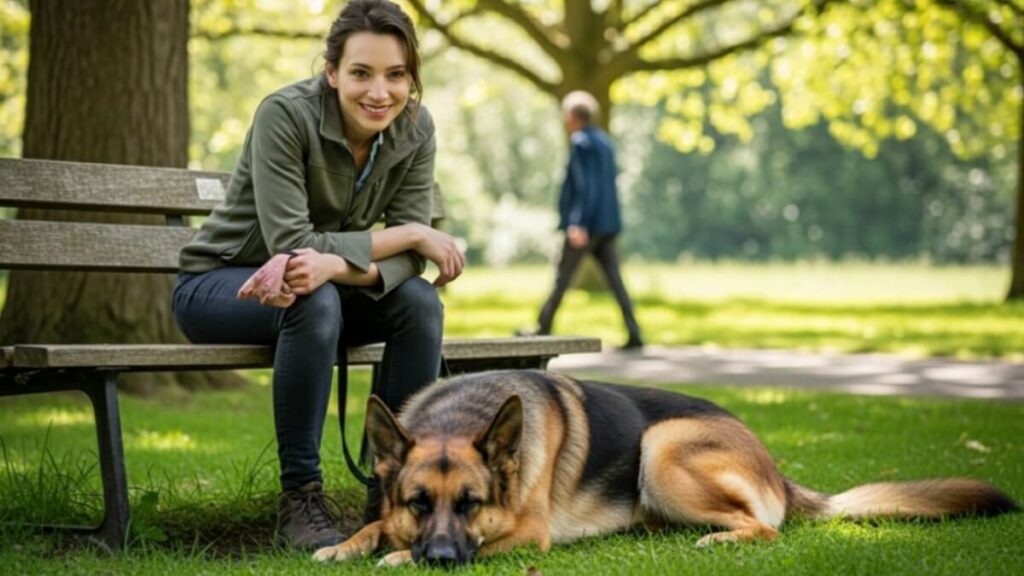 A calm dog relaxing at its owner's feet in a park, demonstrating how to stop a dog from barking at people.