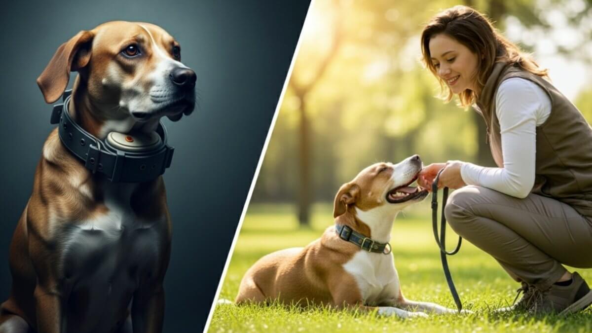 A before and after comparison showing a sad dog with a bark collar versus a happy dog in positive training, illustrating the humane alternatives.