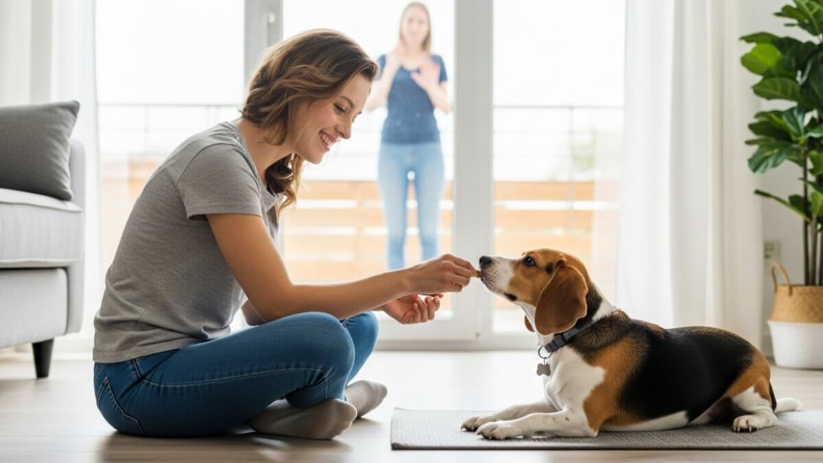 Certified trainer Sandie Calloway rewarding a dog for being quiet, a positive alternative to a dog barking deterrent.