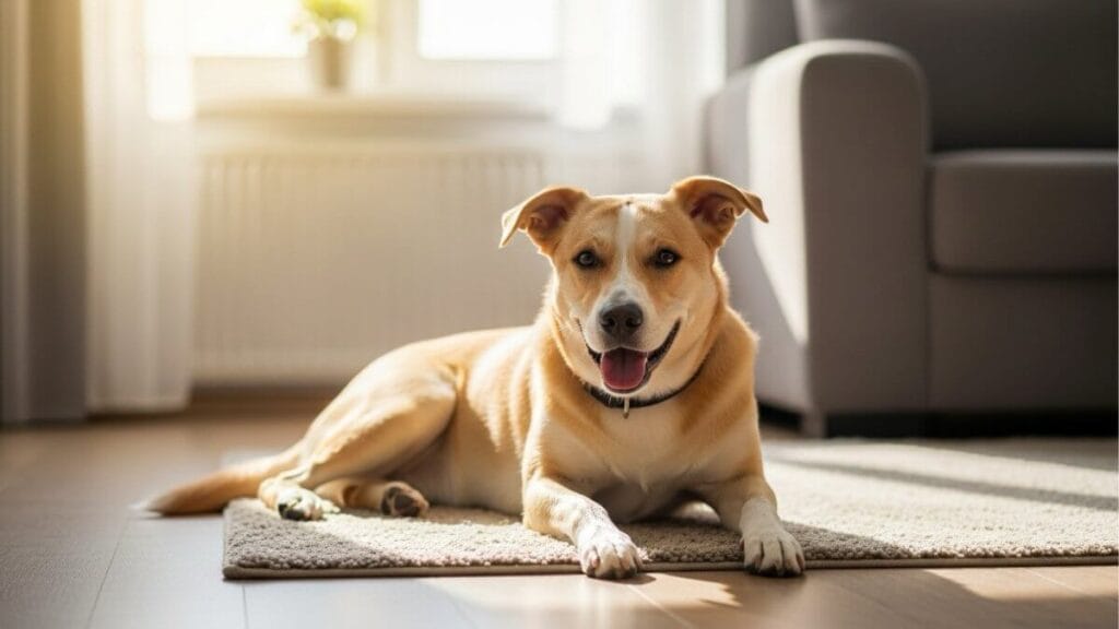 A calm dog resting peacefully in a quiet home, the positive result of using humane alternatives to a stop dog barking device.
