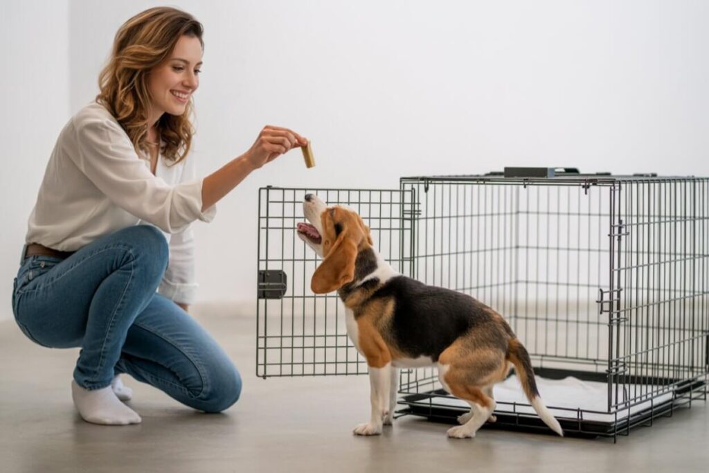 Certified trainer Sandie Calloway playing a positive crate training game with a puppy to stop barking in the crate.
