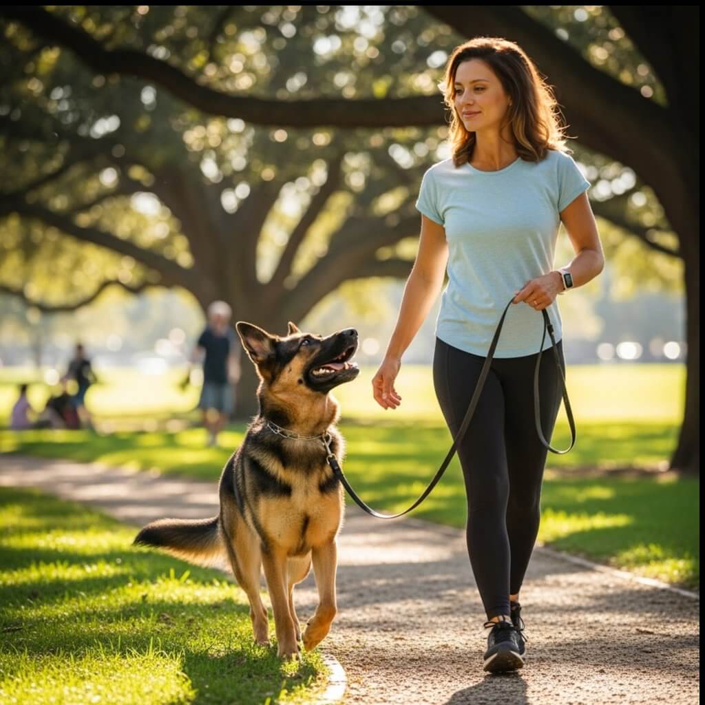 Sandie Calloway demonstrating a positive dog behavior solution by walking a German Shepherd on a loose leash in a park.