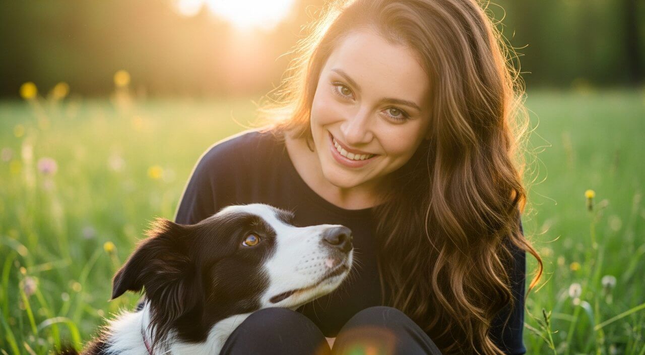 Sandie Calloway, a positive reinforcement dog training expert from Smarter Paws Academy, smiling with her Border Collie in a sunny field.